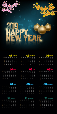 Calendar 2019 and Happy new year  backgroundのイラスト素材