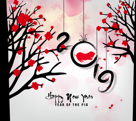Happy new year 2019. Chinese new year. Year of the pigのイラスト素材