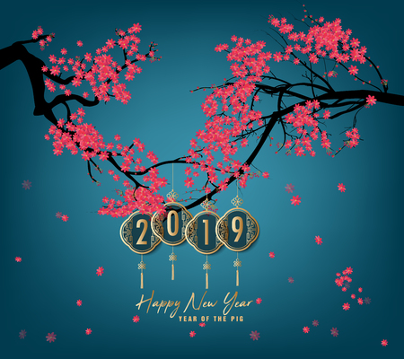 Happy New Year 2019. Chienese New Year, Year of the Pig. Cherry blossom backgroundのイラスト素材