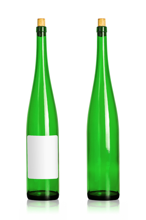 Green wine bottles isolated on white background. Beverage container in long shape with blank label. ( Clipping path )の写真素材