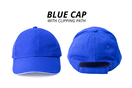 Blue cap isolated on white background. Template of baseball cap in front and back view. ( Clipping path )の写真素材