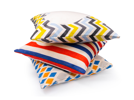 Colorful chevron , stripes , diamond shape design pillow cover on isolated background. Burlap textile texture for decoration on your bed.の写真素材
