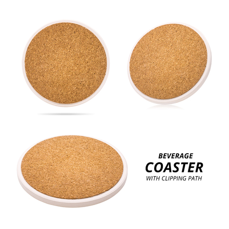 Set of ceramic beverage coaster isolated on white background. Wooden pad for put your mug.の写真素材