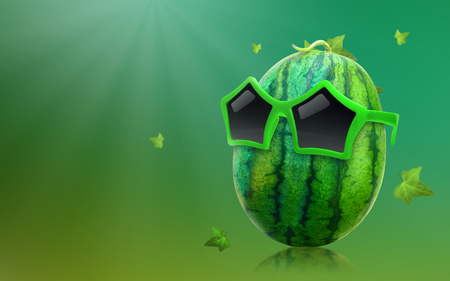 Watermelon wearing sunglasses and star shape on summer background with tropical fruit concept.の写真素材