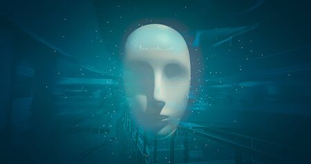 Artificial intelligence of robot heads in the future world on the background of high technology....
