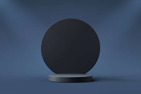 Navy blue product background stand or podium pedestal on advertising display with blank backdrops....