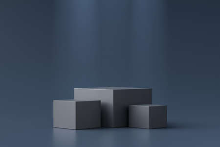 Navy blue product background stand or podium pedestal on advertising display with blank backdrops. 3D rendering.の写真素材