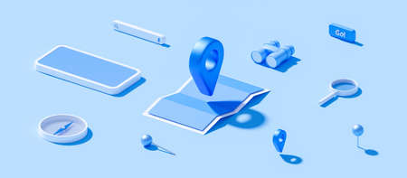 Isometric of map and location pin or navigation icon sign on blue background with search concept. 3D rendering.の写真素材