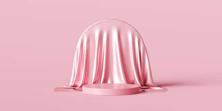Pink product background stand or podium pedestal on abstract fabric display with pastel backdrops. 3D rendering.の写真素材