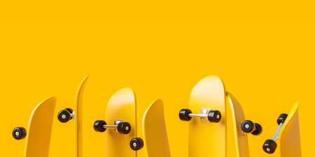 Yellow skateboard or skating surf board on vibrant color background with extreme lifestyle. 3D rendering.の写真素材