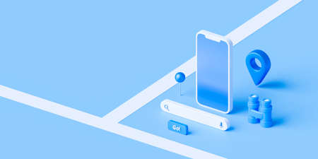 Isometric of map and location pin or navigation icon sign on blue background with search concept. 3D rendering.の写真素材