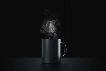 Black coffee cup or empty mug for drink on dark smoke background with blank ceramic porcelain mockup template. 3D rendering.の写真素材