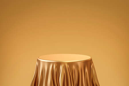 Gold elegant table product background stand or podium pedestal on golden display with luxury backdrops. 3D rendering.の写真素材