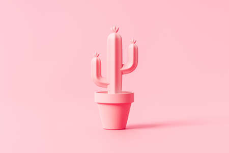 Pink cactus plant pot flower on summer art background with tropical desert decoration. 3D rendering.の写真素材