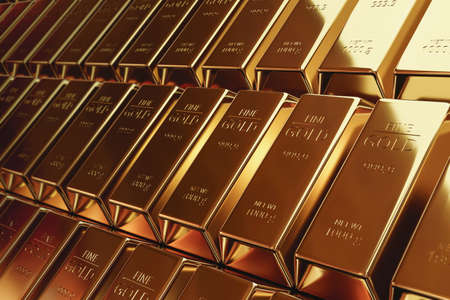 Pure gold bars and finance currency concept on golden treasure background with business investment....