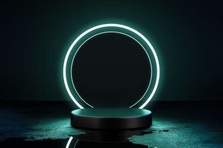 Green neon light product background stage or podium pedestal on grunge street floor with glow...