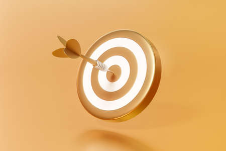 Golden arrow aim to dartboard target or goal of success on business background with complete achievement concept. 3D rendering.の写真素材