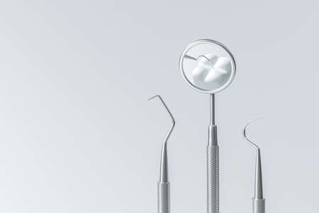 Dental equipment on dentist clinic background with dentistry cleaning tools. 3D rendering.