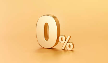 Zero percentage gold sign and sale discount on golden background with special offer rate. 3D rendering.の写真素材