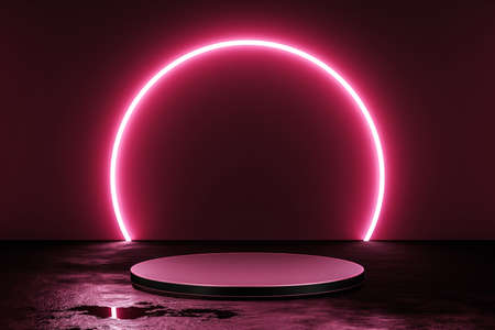 Pink neon light product background stage or podium pedestal on grunge street floor with glow...