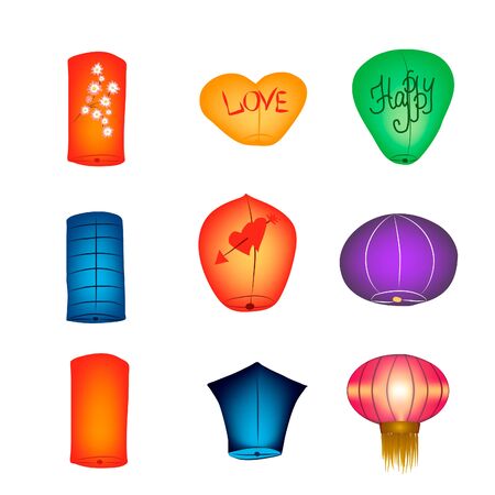 Set of multicolored Chinese air lanterns, picture on a white background. Vector illustration, template graphic design for posters, flyers or vouchers.のイラスト素材