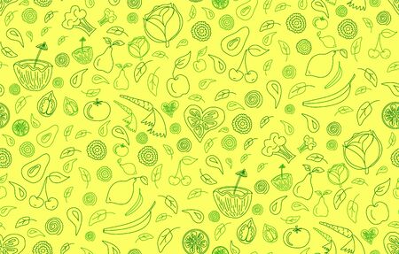 Seamless pattern: fruits and vegetables on a yellow background in doodle style hand-drawn. Vector illustration, modern template design for textile, poster, flyer, wrapping paper, wallpaper, etc.のイラスト素材