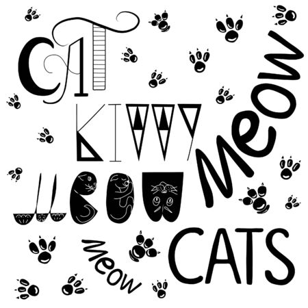 Lettering, freehand art text: cat, kitty, cats, meow, with drawn paws in doodle style. Vector illustration, template graphic design.のイラスト素材