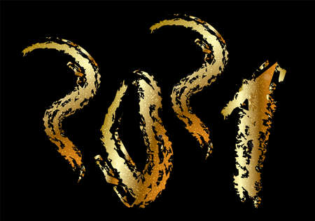 2021 golden bold letters vector illustration isolated, elegant design numbers on black background. Lettering concept. Graphic development on digital. Creative sketch drawing work equipment with fontsのイラスト素材