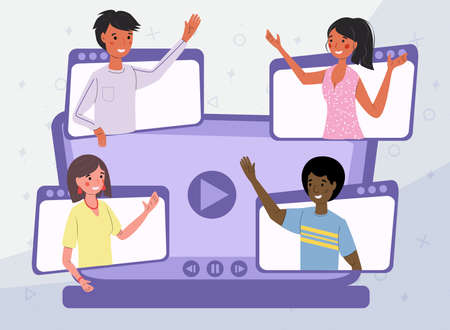 Video conferencing friends communicate via video communication on the background of a large...