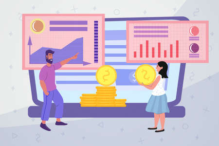 Website monetization teamwork increasing sales charts vector illustration concept. Man and woman on...