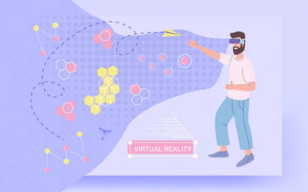 Virtual reality VR glasses invented world, vector concept illustration. A man catches a paper airplane in another dimension with VR glassesのイラスト素材