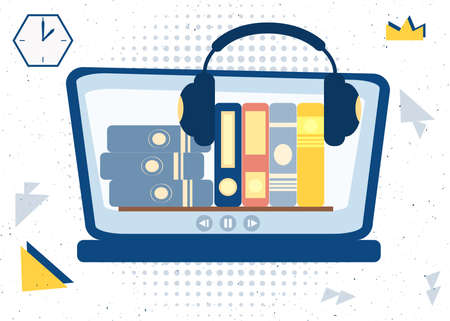 Audiobooks with headphones in a computer vector illustration concept. Design template element for audio book reading podcasts.のイラスト素材