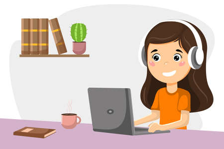 Online learning young girl studying at a laptop vector illustration conceptのイラスト素材