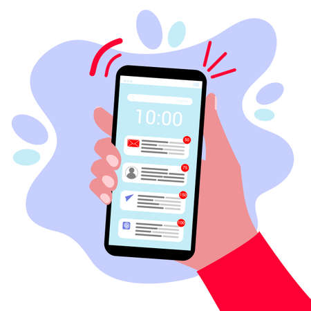 Hand holds and touching smart phone with email symbol on the screen vector illustration flat styleのイラスト素材