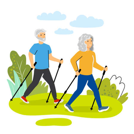 Happy old men and women couple performing nordic walking Flat cartoon characters Vector illustration concept. Healthy outdoor activity for elderly peopleのイラスト素材