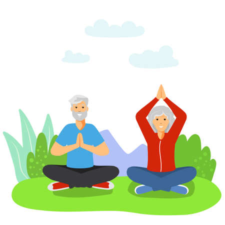 Elderly people doing sport flat vector illustrations concept. Old couple pensioners practicing doing exercisesのイラスト素材