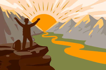 Man climbing to the snow-capped mountains Delight from the conquest of the peak Landscape of the...