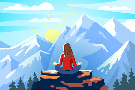Woman and yoga meditation and retreat in the mountains Delight from the conquest of the peak Landscape of the valley Relax Rest Recreation Vector illustrationのイラスト素材