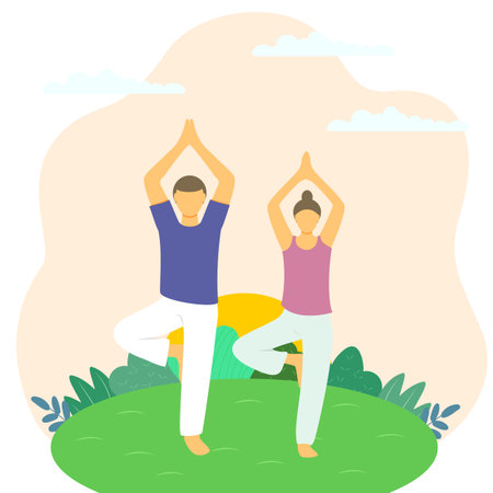 male and female couple doing sports outdoors vector illustration concept Relax Rest Recreation Gymnasticsのイラスト素材