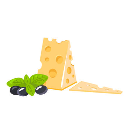 Piece of sliced cheese Modern flat style realistic vector illustration icons isolated on white backgroundのイラスト素材