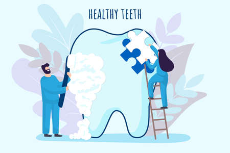 Dentist tiny people care of big white tooth Dental clinic background vector illustration concept Medicine people work in stomatology with toothbrushのイラスト素材