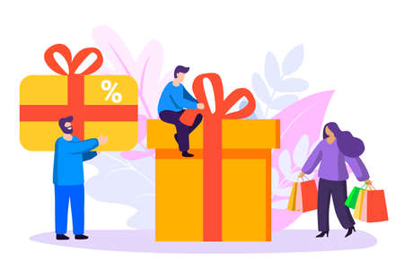 Happy holiday Tiny person preparing gifts for congratulations Promo Christmas New Year banner Sale poster and flyer with giant gift boxes and small people Men and women. Vector illustration concept.のイラスト素材