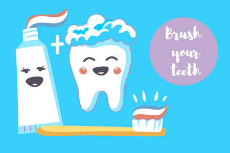 Cute tooth characters with toothbrush and toothpaste on bright blue background cartoon vector Illustrationのイラスト素材