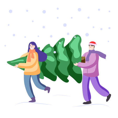 Happy young family buys Christmas Tree Man and woman carry Christmas tree home down snowy street December shopping flat vector illustration conceptのイラスト素材