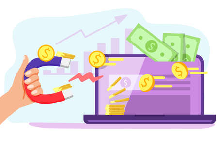 Magnet in businessman hand pulls money out laptop Money business success dollar magnet Computer with money web or Attracting investments IT business Vector illustration conceptのイラスト素材
