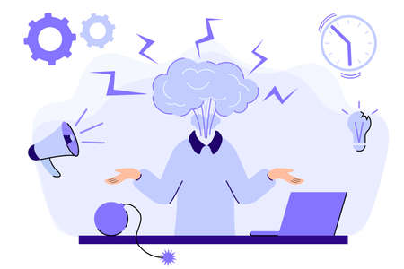 Emotional burnout Mans head exploding under anxiety pressure Social demands and work life balance problems Acute stress disorder Work related stress concept vector illustrationのイラスト素材
