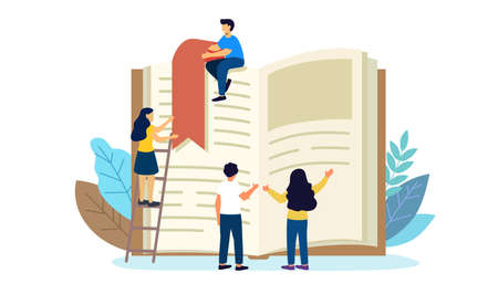 Reading book vector illustration Flat tiny paper book text study persons Concept of a small people reading a open huge book Poster and bannerのイラスト素材
