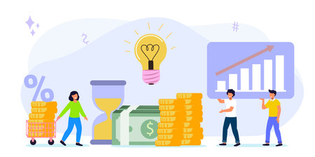 Invest in best idea Investment and analysis money cash profits metaphor Flat design tiny people and business concept for trading. Economical wealth revenue visualized as pile cash vector illustrationのイラスト素材
