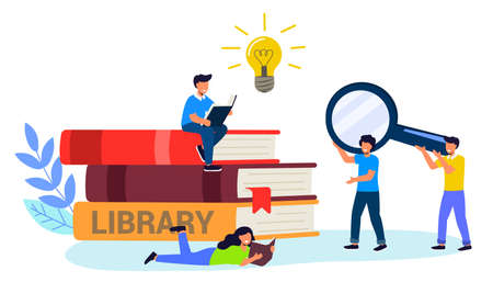 Reading book vector illustration Flat tiny paper book text study persons Concept of a small people reading a open huge book Poster and bannerのイラスト素材