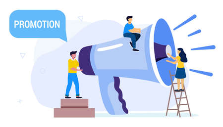 Professional speaker with megaphone Tiny people creative trainees or company members listening to the performance to skilled coach or senior colleague. Vector illustration flat design styleのイラスト素材